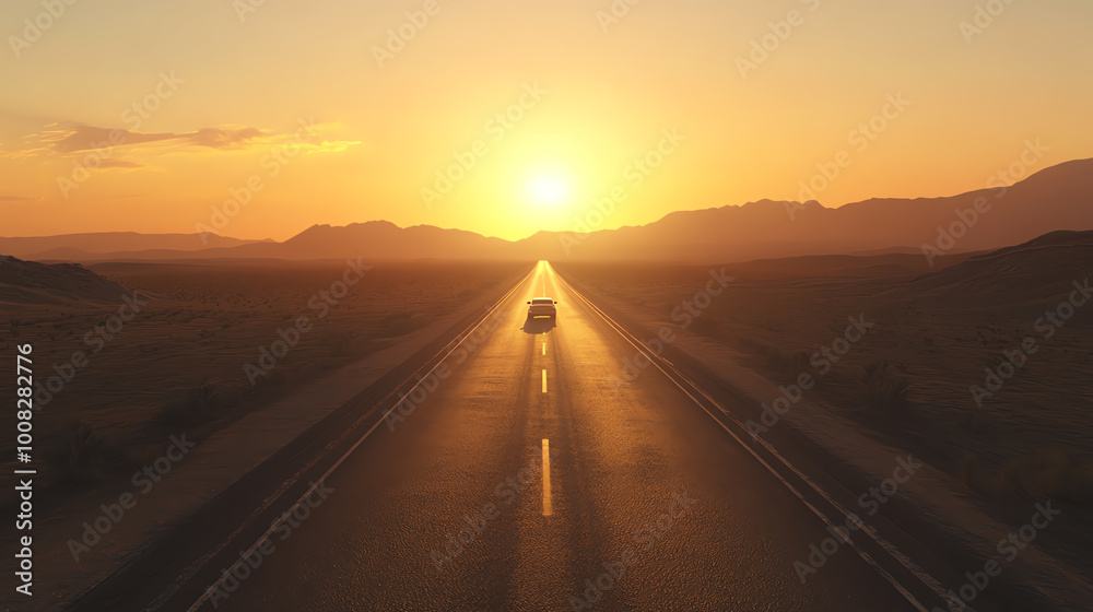 Car driving towards sunset on an open road with mountains.