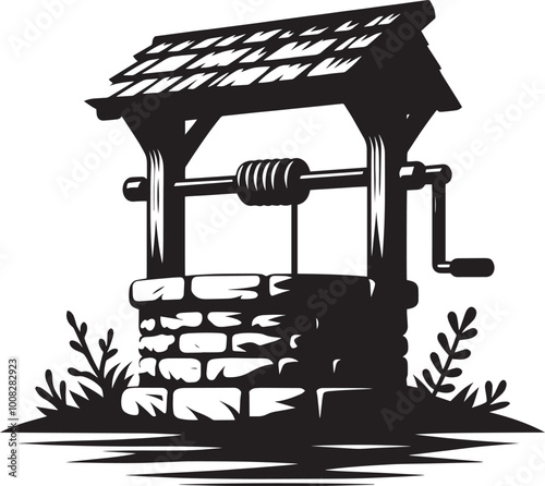 Village Water Well silhouette vector illustration isolated on a white background