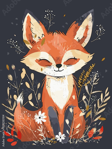 A cute cartoon fox is sitting in a field of flowers. The fox is smiling and he is happy. The image has a warm and cheerful mood, and it conveys a sense of joy and contentment