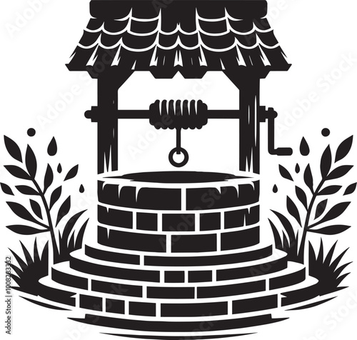 Village Water Well silhouette vector illustration isolated on a white background