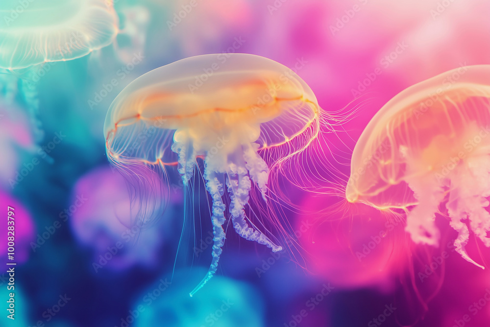 Fototapeta premium jellyfish with a pink and yellow body is surrounded by other jellyfish. The jellyfish is the main focus of the image, and the other jellyfish are in the background