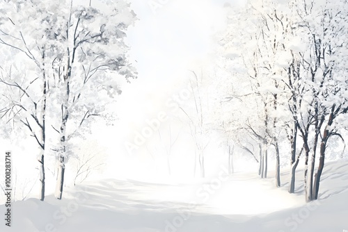 A serene winter landscape with snow-covered trees and soft light.