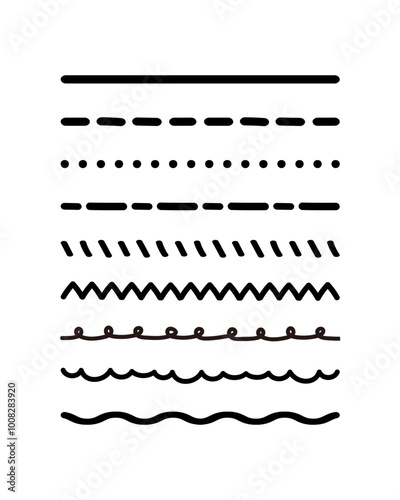 Types of lines collection. Straight, dashed, dotted, slant hash, zig zag, looped, scallop, wavy lines. Flat hand drawn decorative vector design isolated illustration.