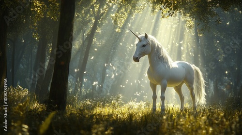 A white unicorn stands in a sun-dappled forest.