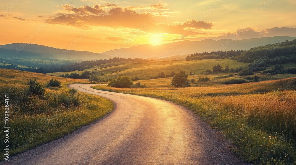 deserted road during sunset, with warm, golden light illuminating the horizon deserted road during sunset, with warm, golden light illuminating the horizon