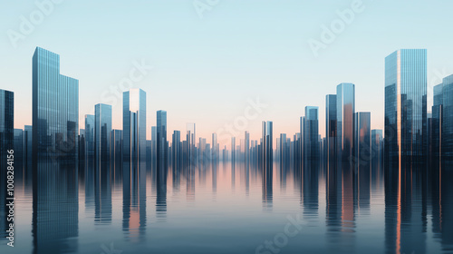 Futuristic skyline with reflections on still water.