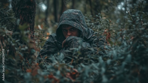 A soldier camouflaged in dense forest vegetation during an early morning training exercise in an undisclosed location photo