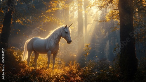 A white unicorn stands in a misty forest, sunlight streaming through the leaves.