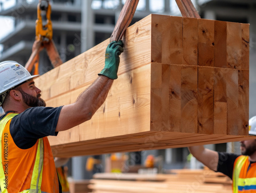 A construction crew positioning a large CLT panel into place, showcasing the scale of mass timber elements.