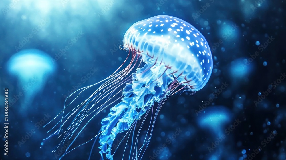 Fototapeta premium A bioluminescent jellyfish with white dots glows in the dark blue ocean water.