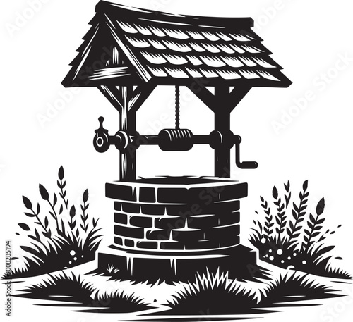 Village Water Well silhouette vector illustration isolated on a white background