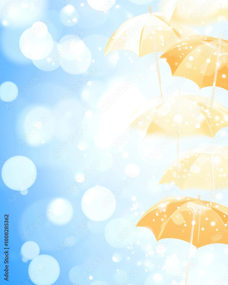 Bright gradient background from cyan to yellow, wormseye perspective of beach umbrellas, sky for copy Bright gradient background from cyan to yellow, wormseye perspective of beach umbrellas, sky for copy