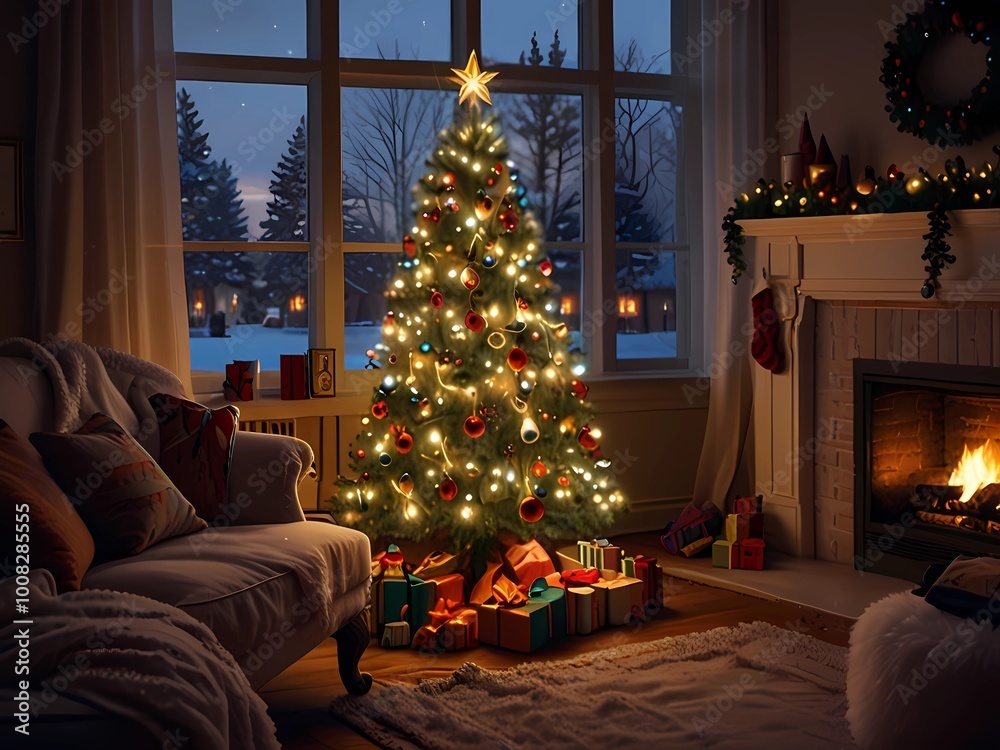 Living room with a Christmas tree 