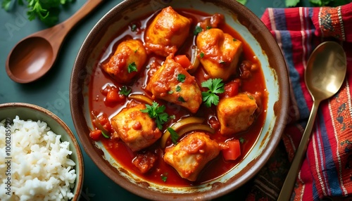 Cuban-Style Pollo en Salsa Served with Steamed Rice (Cuban Cuisine)