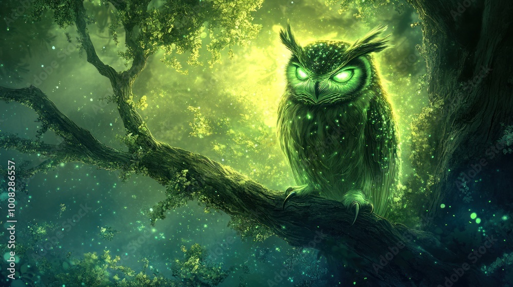 A green owl with glowing eyes perched on a branch in a magical forest with glowing particles. A green owl with glowing eyes perched on a branch in a magical forest with glowing particles.