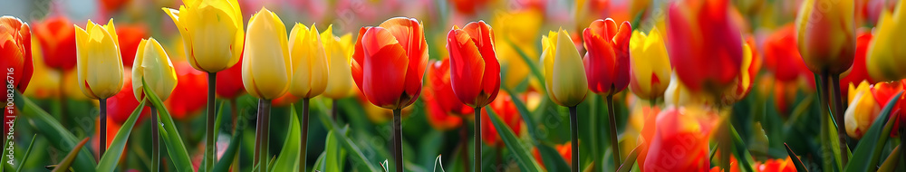 A field of colorful tulips growing in the grass, with vibrant reds and yellows contrasting against lush green leaves A field of colorful tulips growing in the grass, with vibrant reds and yellows contrasting against lush green leaves