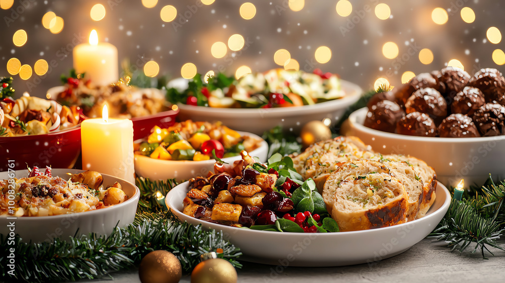 Festive holiday meal with various delicious dishes and decorations. Festive holiday meal with various delicious dishes and decorations.