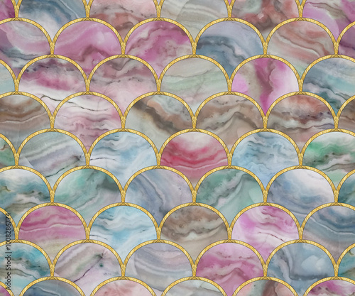 Arcs seamless pattern. Grid. Mosaic, inlay. Illustration in stained glass style. Art Deco. Seamless tracery pattern for wallpapers, textile print, scarfs, bandanas, t-shirts. Waves. Oriental pattern.