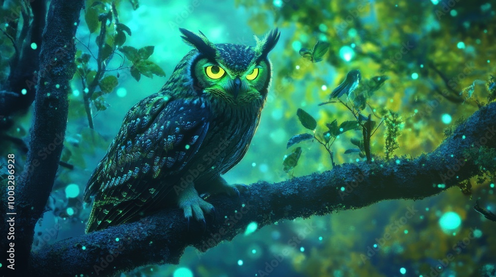 A majestic owl with glowing yellow eyes sits on a mossy branch in a magical forest, surrounded by glowing orbs. A majestic owl with glowing yellow eyes sits on a mossy branch in a magical forest, surrounded by glowing orbs.