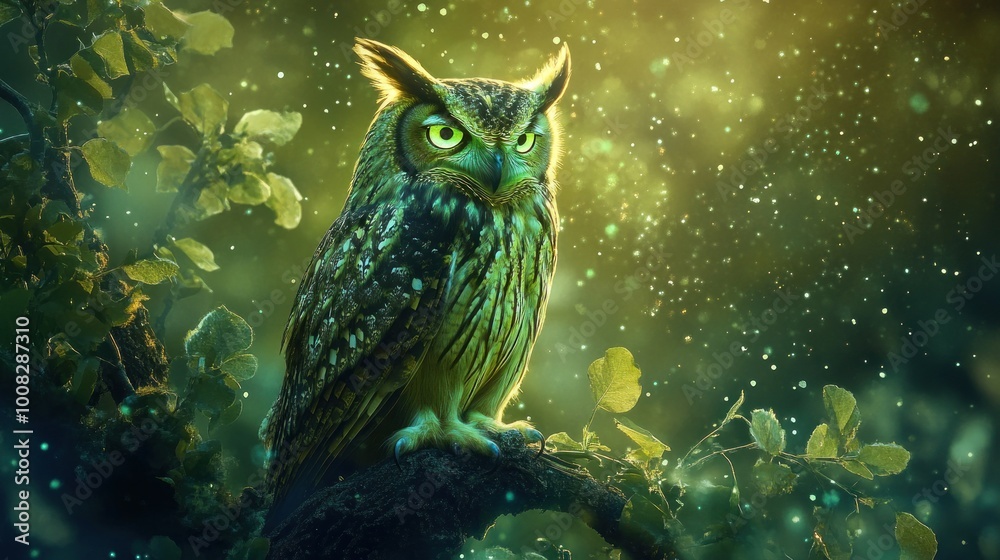 A majestic owl with glowing green eyes perched on a branch in a magical forest with glowing particles in the air. A majestic owl with glowing green eyes perched on a branch in a magical forest with glowing particles in the air.