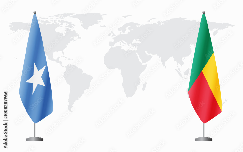 Somalia and Benin flags for official meeting against background of world map. Somalia and Benin flags for official meeting against background of world map.