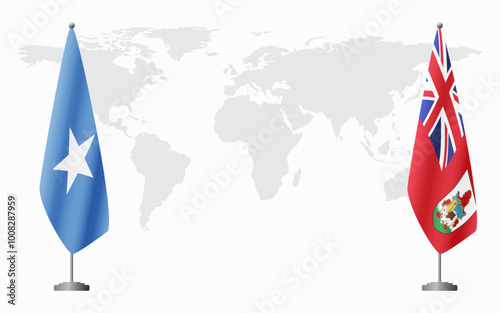 Somalia and Bermuda flags for official meeting against background of world map.