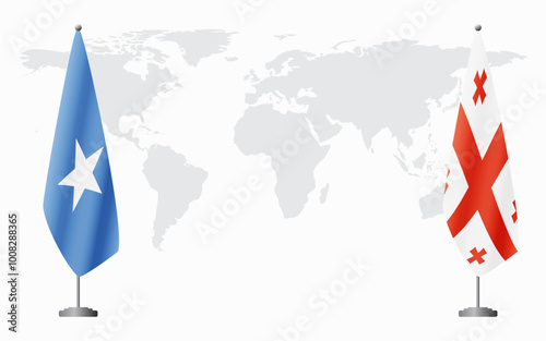 Somalia and Georgia flags for official meeting against background of world map.