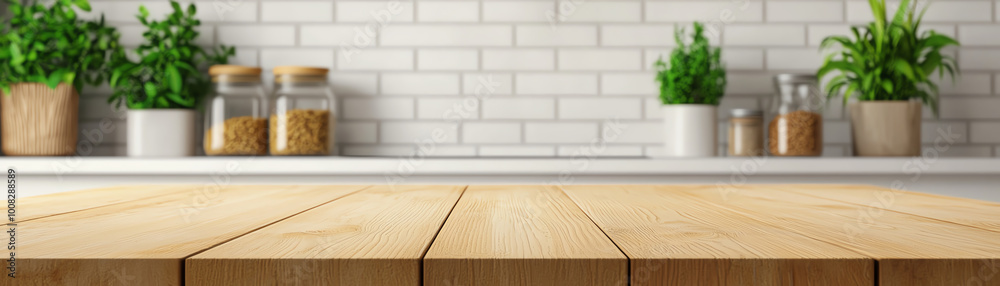 Wooden countertop with potted plants and jars on a brick wall. Wooden countertop with potted plants and jars on a brick wall.