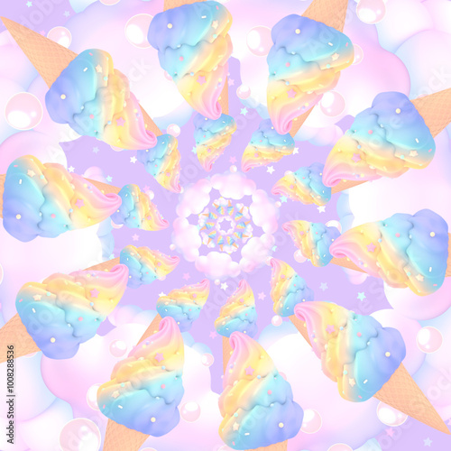 Cartoon spinning rainbow ice cream pattern.