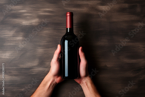 Elegant red wine bottle held by white hands, unmarked, against a wooden background, clean environment