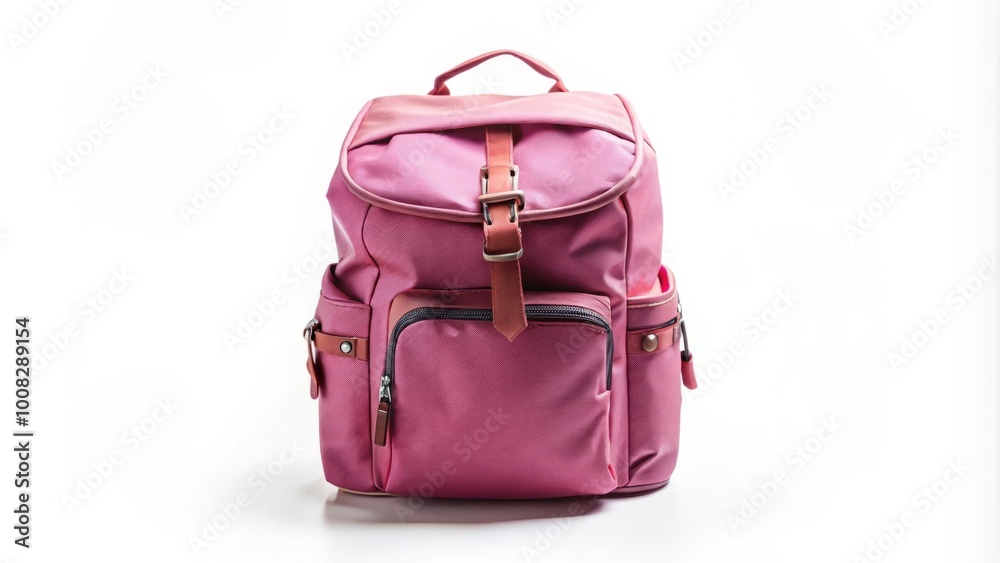 Fototapeta premium Trendy pink backpack on a white background, ideal for fashion, travel, and lifestyle photography, bringing a pop of