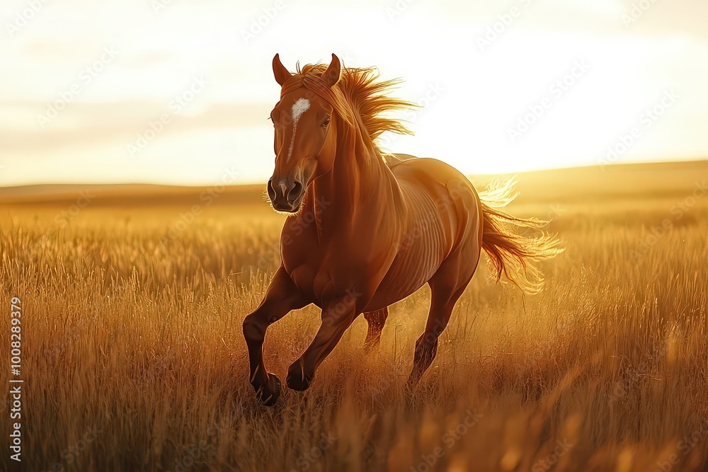  Majestic chestnut horse gallops through golden field at sunset, muscles rippling under glossy coat, with mane and tail flowing in the wind.