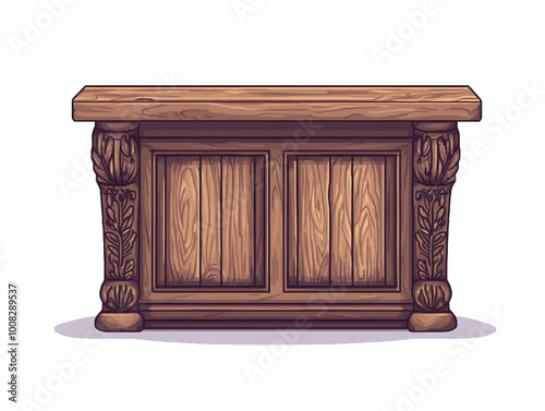 Vintage Wooden Counter with Carved Details - Pixel Art