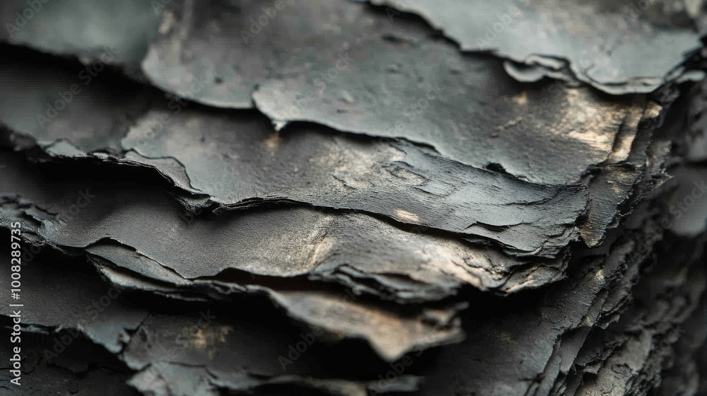 A close-up view of charred textures featuring layered, rough, and uneven surfaces. The blackened layers and organic shapes evoke a sense of fire damage and decay, ideal for design projects.. AI A close-up view of charred textures featuring layered, rough, and uneven surfaces. The blackened layers and organic shapes evoke a sense of fire damage and decay, ideal for design projects.. AI