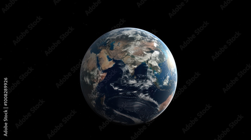 Planet Earth viewed from space showing Africa, Asia, and Europe continents with detailed clouds and ocean. Black space background. Planet Earth viewed from space showing Africa, Asia, and Europe continents with detailed clouds and ocean. Black space background.