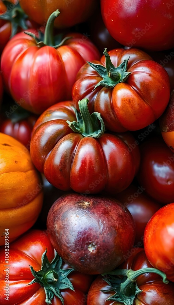 A close-up view of heirloom tomatoes in various shades of red, yellow, and green. Their unique shapes and vibrant colors highlight the rich diversity of these tomatoes, making them visually appealing A close-up view of heirloom tomatoes in various shades of red, yellow, and green. Their unique shapes and vibrant colors highlight the rich diversity of these tomatoes, making them visually appealing