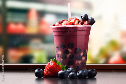 Purple açaí smoothie with attractive texture and fresh chopped fruits and strawberries on the side