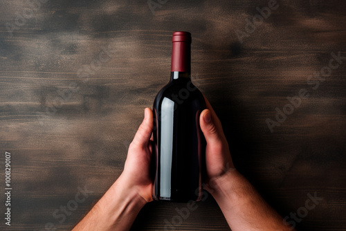 Close-up of white hands gripping a refined, unlabeled red wine bottle, wood backdrop, clean area photo