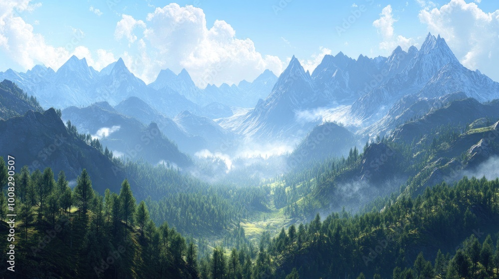 Misty mountain valley with a dense evergreen forest and a clear blue sky. Misty mountain valley with a dense evergreen forest and a clear blue sky.