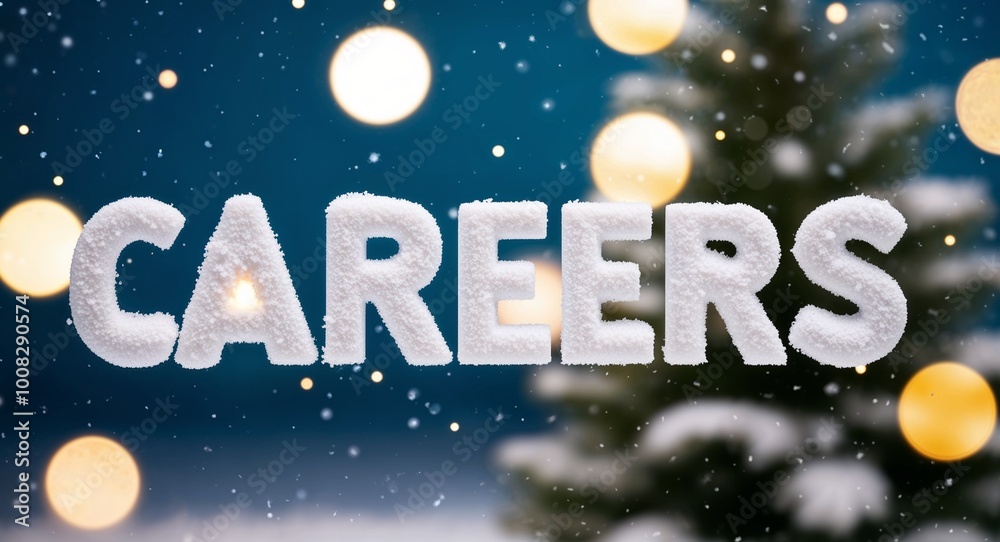 Fototapeta premium Careers lettering on winter snow holidays blurred lights bokeh background