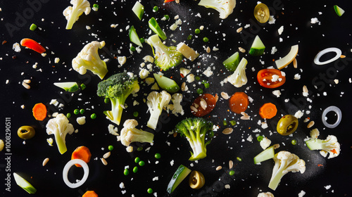 An explosion of vegetables on a black background. Pieces of healthy vegetables are scattered all over the background. The concept of abundance and diversity with an emphasis on the freshness photo