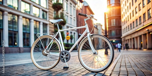 Urban street scene featuring a modern white bicycle and smartphone, perfect for travel, fitness, and technology lovers