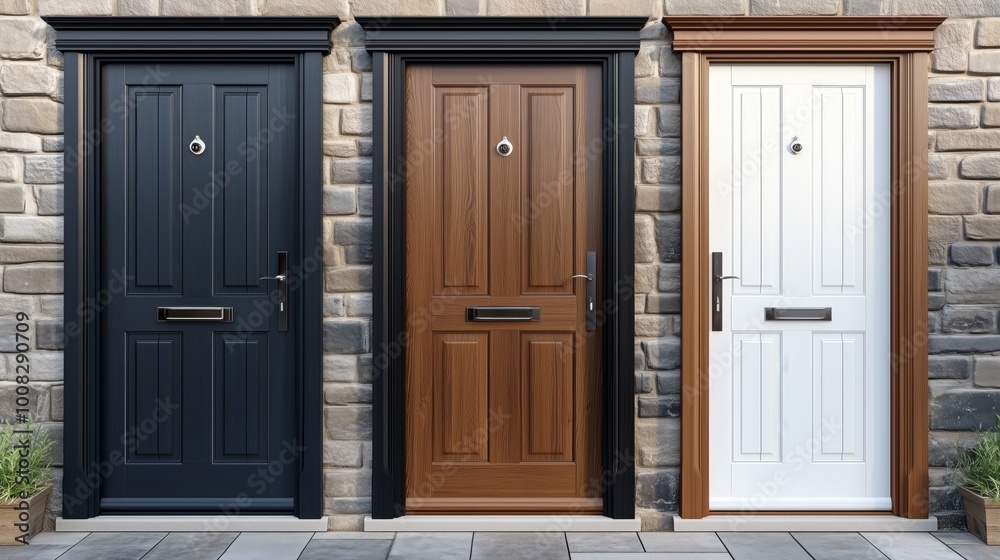 Three Modern Wooden and Black Doors on Stone Wall Three Modern Wooden and Black Doors on Stone Wall