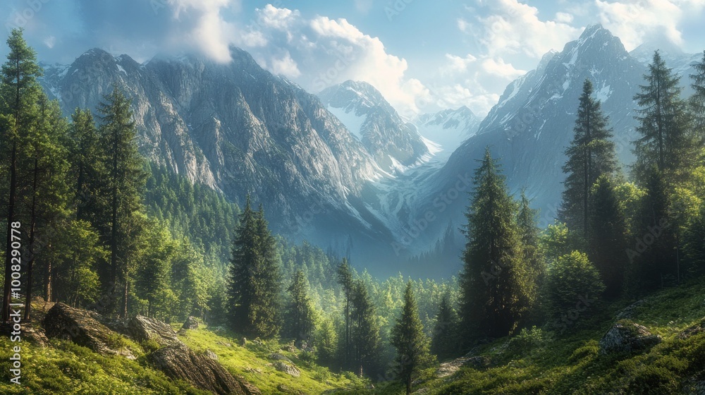 A lush green forest in the foothills of a snow-capped mountain range, with light streaming through the trees. A lush green forest in the foothills of a snow-capped mountain range, with light streaming through the trees.