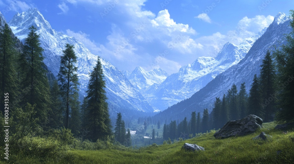 Fototapeta premium A valley surrounded by snow-capped mountains and lush green forests.