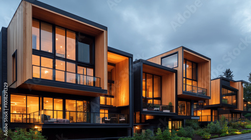 A modern apartment complex built with mass timber, featuring large windows and exposed wooden elements.