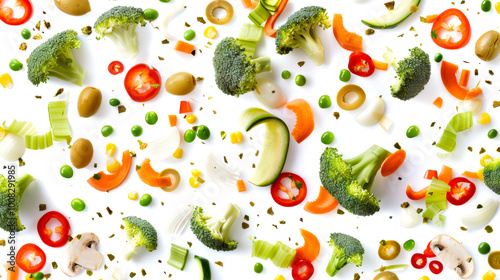 Colorful vegetable pattern. A food background made from pieces of fresh vegetables. Colorful vegetables are scattered on a white background, including broccoli, carrots, olives, peas