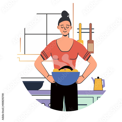 Woman cooking healthy meal kitchen background utensils steaming food bowl