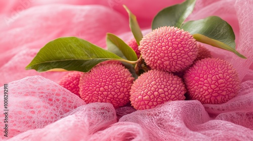 Fresh Lychee Berries on Pink Fabric photo