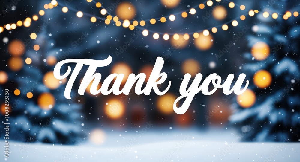 Thank you lettering on winter snow holidays blurred lights bokeh background Thank you lettering on winter snow holidays blurred lights bokeh background